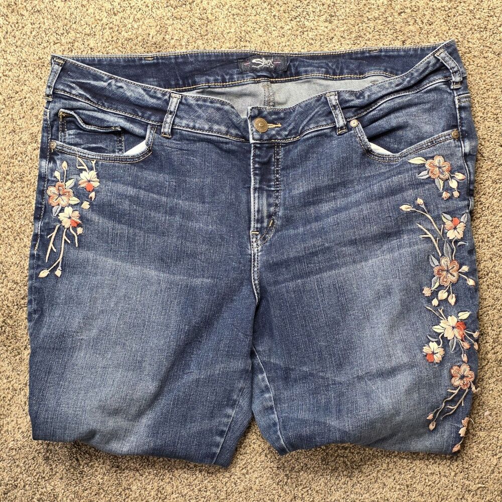 Silver Elyse Skinny Jeans Size 20 Floral Embroidered Medium Wash Blue Pink